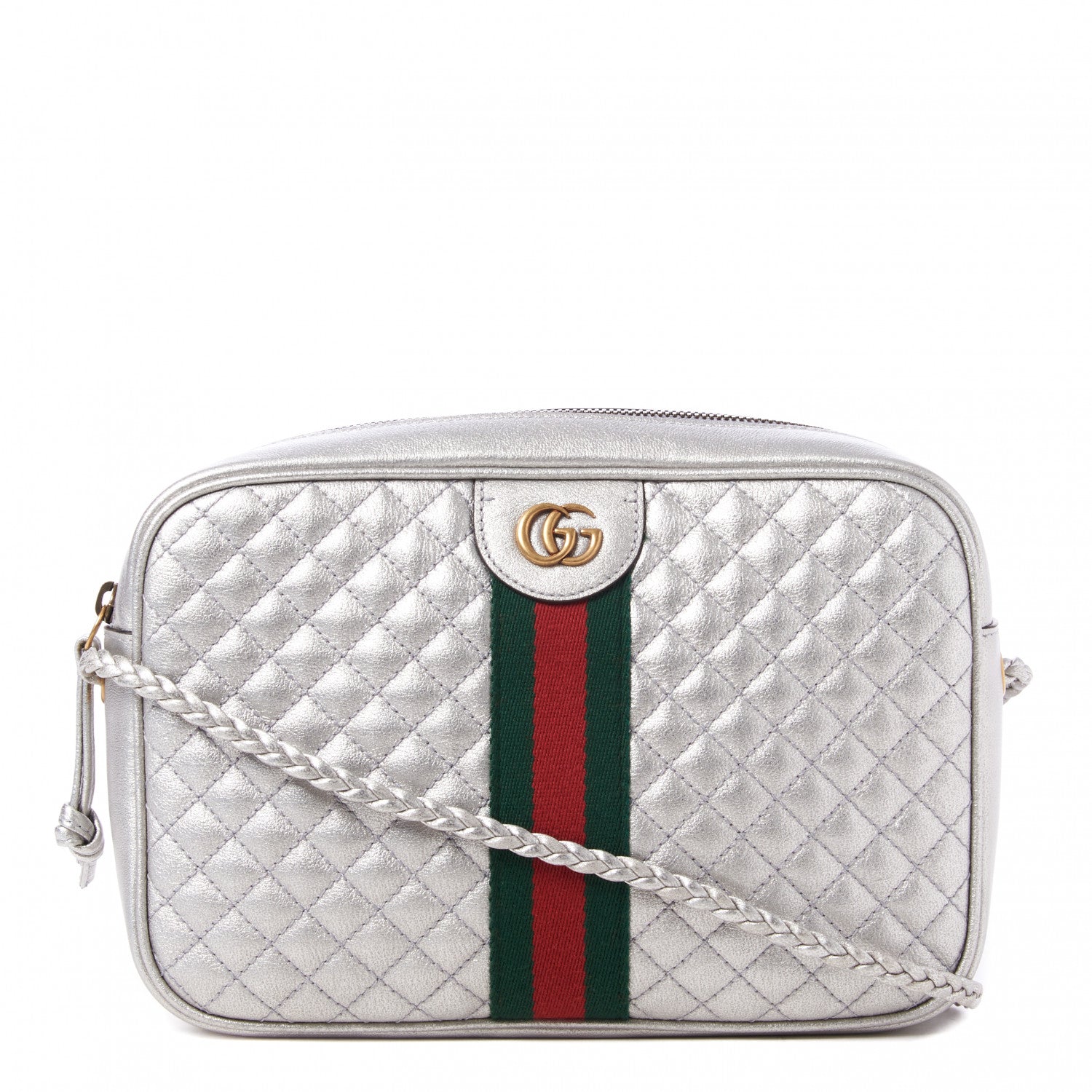 Gucci Laminated Nappa Web Trapuntata Small GG Shoulder Bag Argento 1 of 9