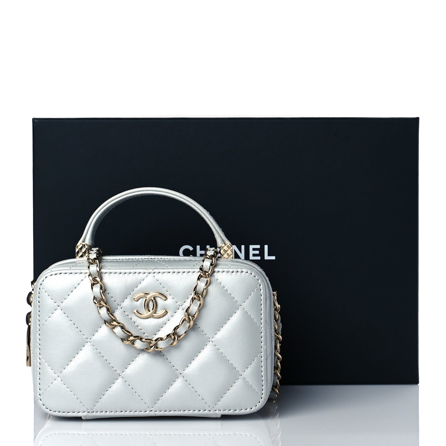 Metallic Lambskin Quilted Top Handle Vanity Case Silver
