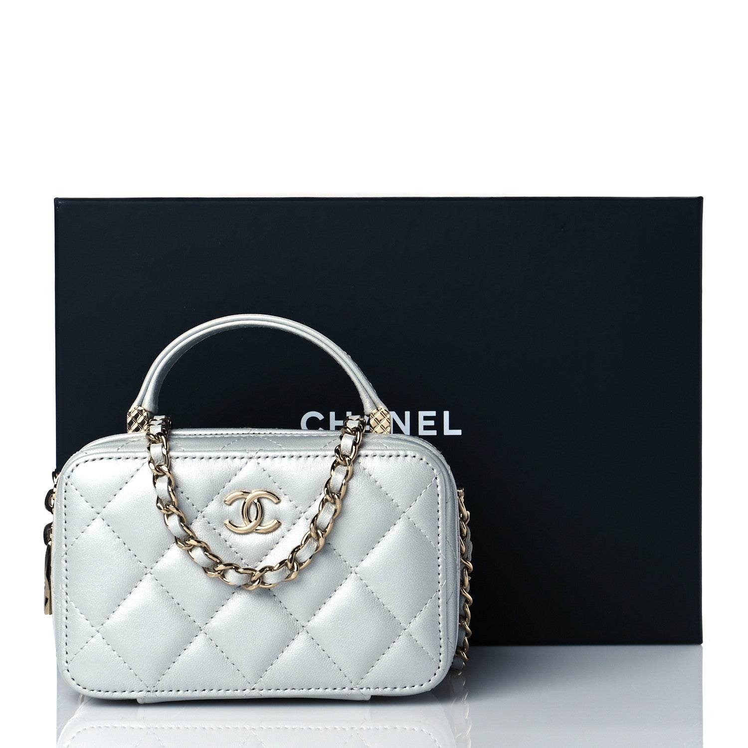 Chanel Metallic Lambskin Quilted Top Handle Vanity Case Silver 11 of 11