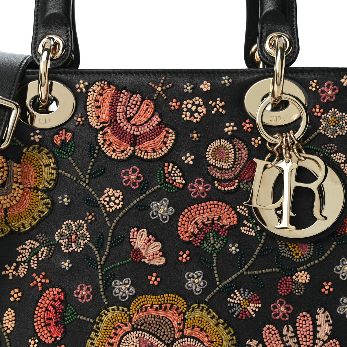 Christian Dior Smooth Calfskin Embroidered Beaded Floral Medium Lady Dior Black Multicolor 8 of 10