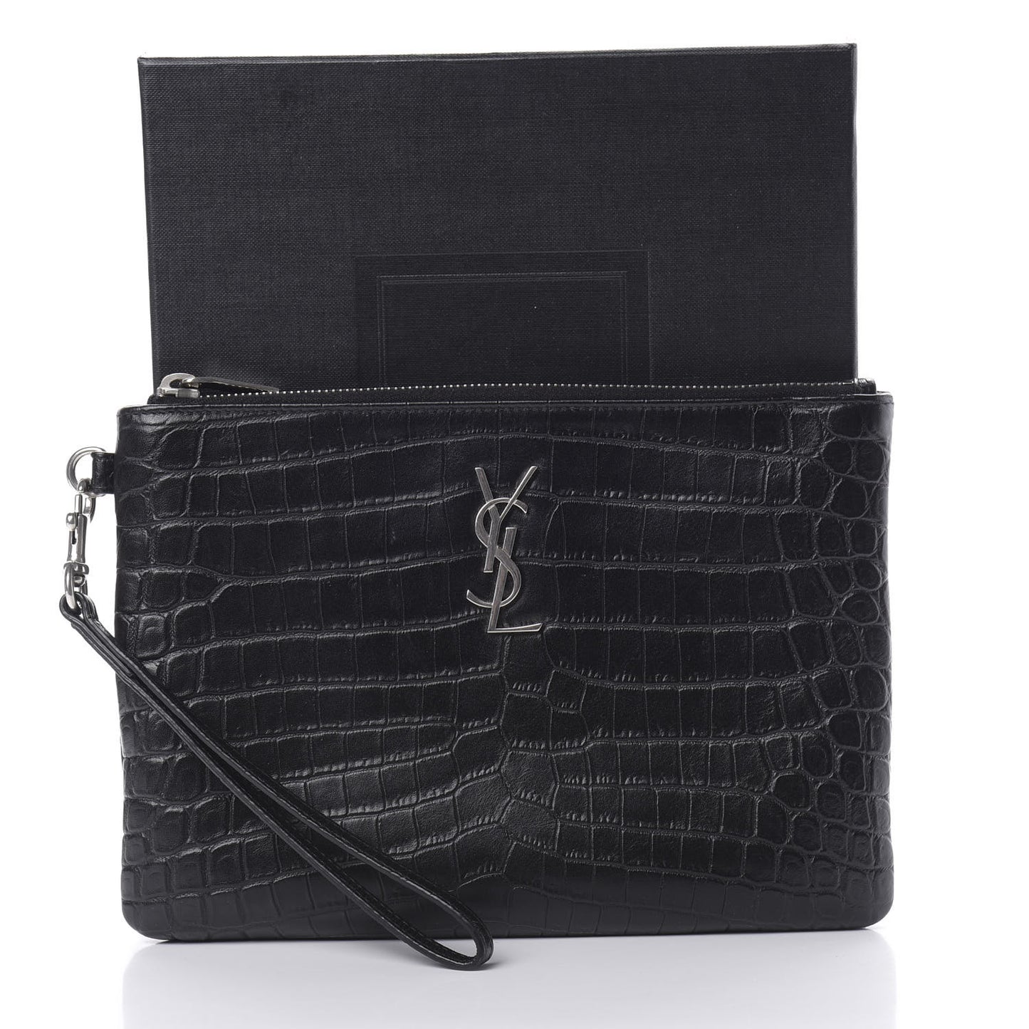 Calfskin Crocodile Embossed Monogram Zip Pouch Black
