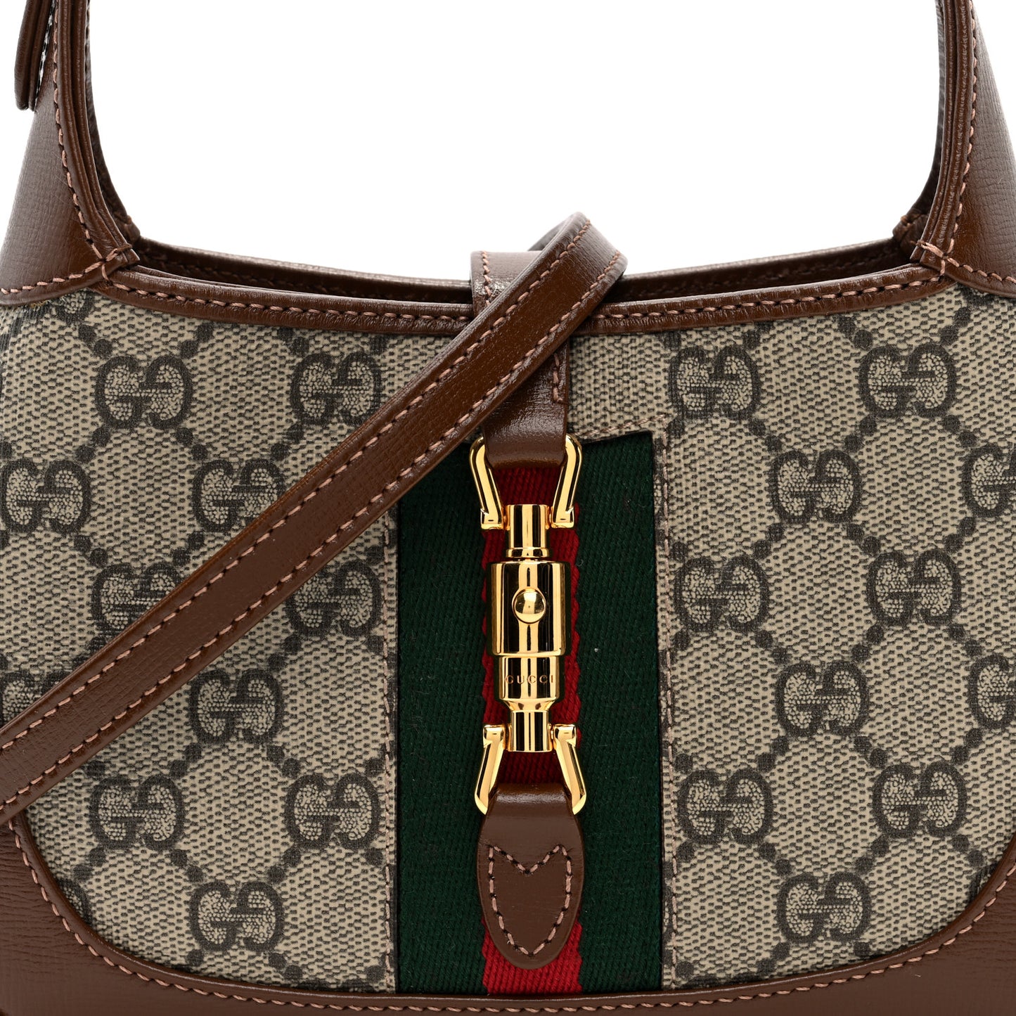 GG Supreme Monogram Azalea Calfskin Web Mini Jackie 1961 Hobo Beige Ebony Brown Sugar