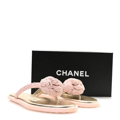 Chanel Tweed Camellia Thong Sandals 38 Salmon Apricot Gold 9 of 9