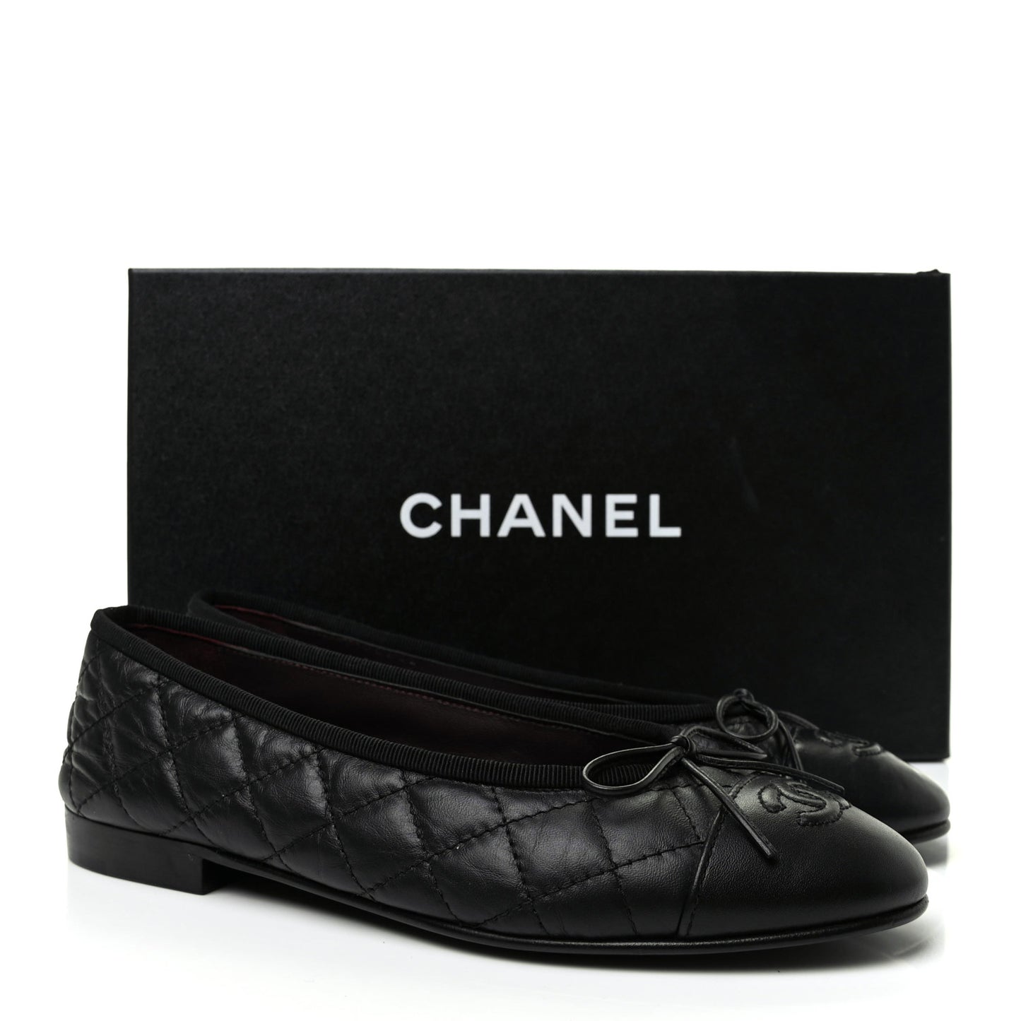 Aged Calfskin Quilted CC Cap Toe Ballerina Flats 36.5 Black