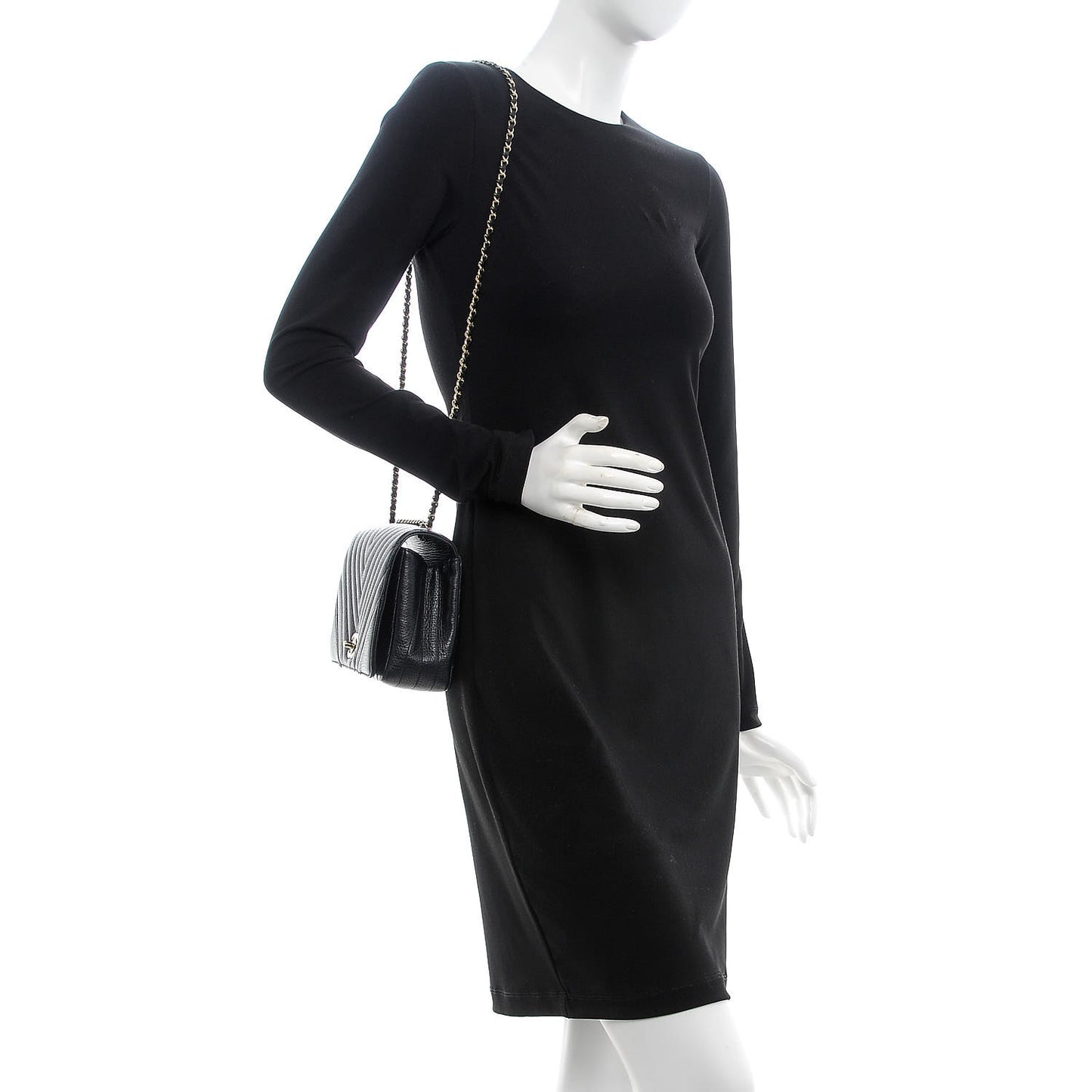 Metallic Calfskin Chevron Quilted Small Statement Flap Black