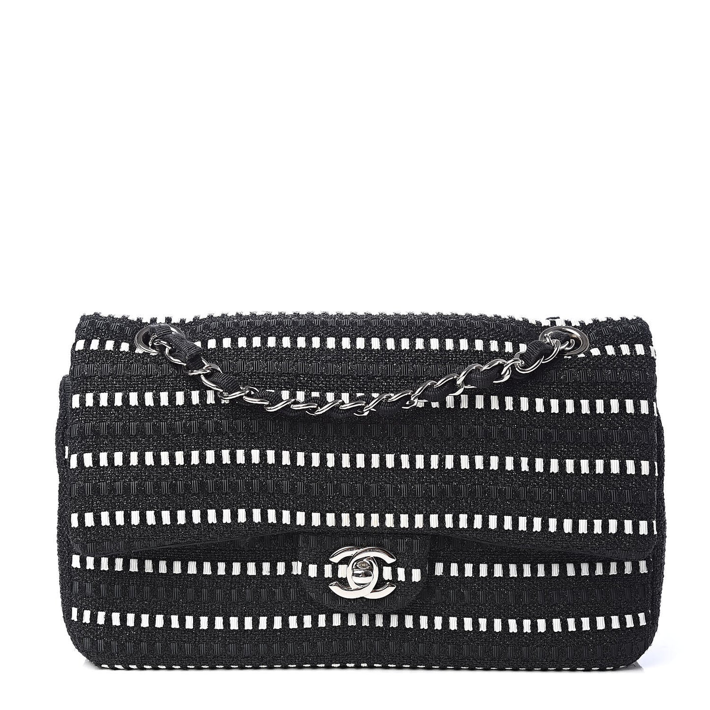 Tweed Ribbon Medium Double Flap Black White