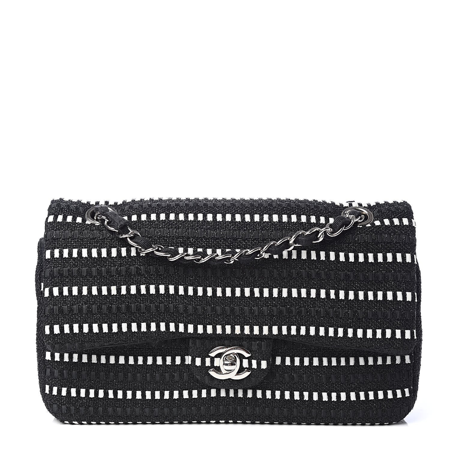 Chanel Tweed Ribbon Medium Double Flap Black White 1 of 10
