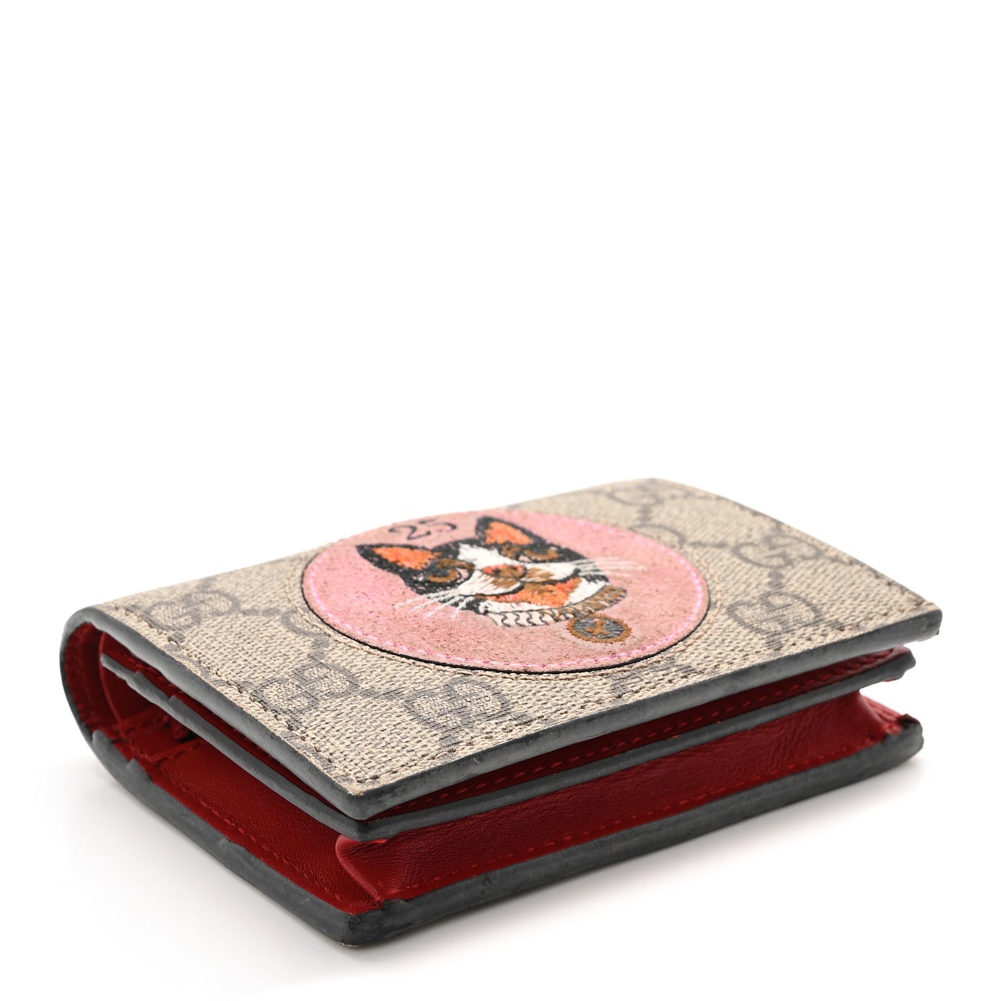 GG Supreme Monogram Bosco Patch Card Case Wallet Beige Malva Hibiscus Red