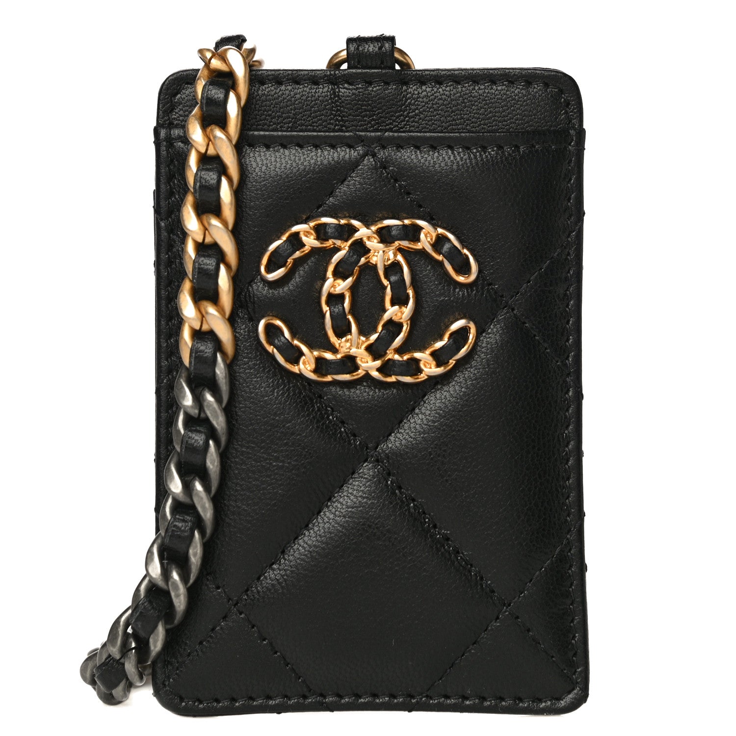 Chanel Shiny Goatskin Quilted Chanel 19 Card Holder On Chain Black 1 of 11