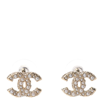 Chanel Pearl Crystal CC Stud Earrings Gold 1 of 5