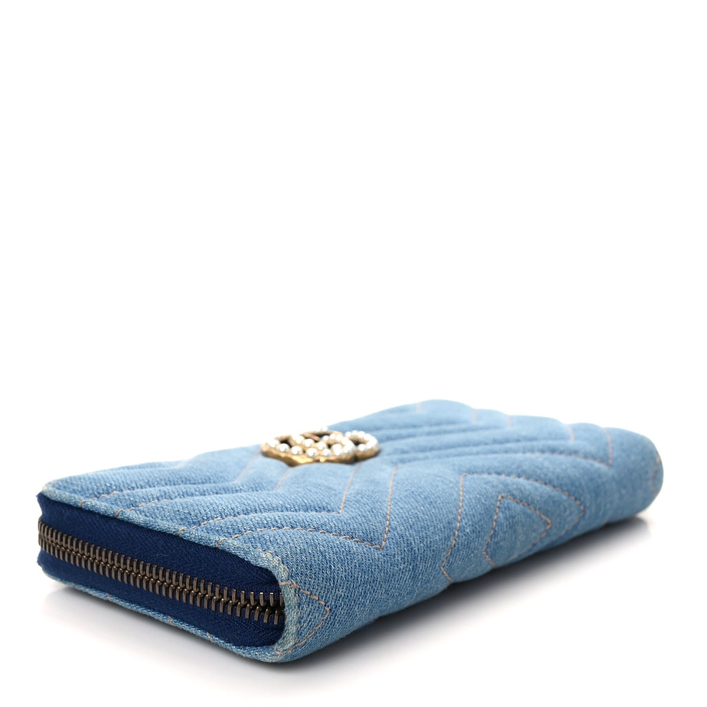 Denim Matelasse Pearly GG Marmont Zip Around Wallet Blue