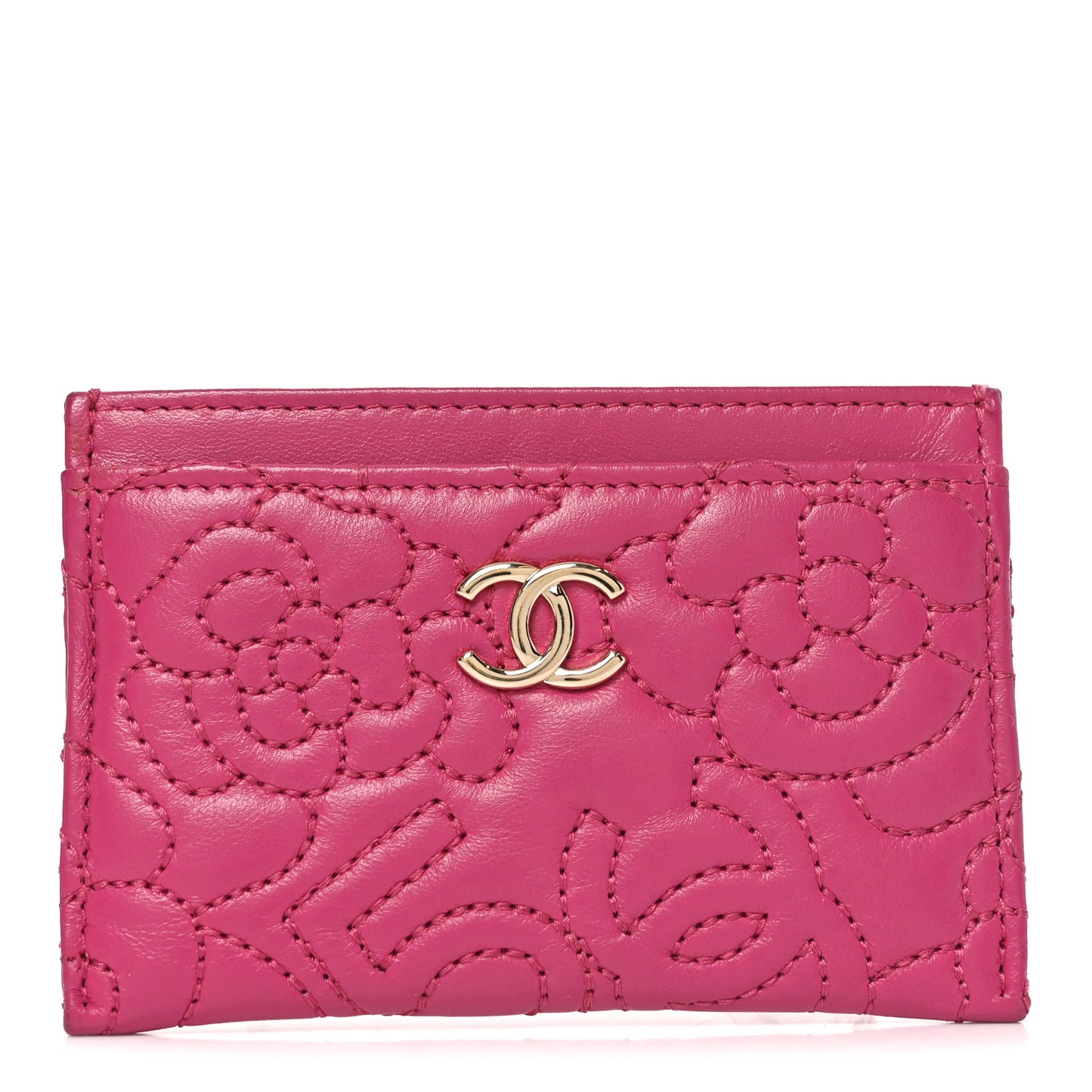 Lambskin Camellia Embossed Card Holder Fuchsia