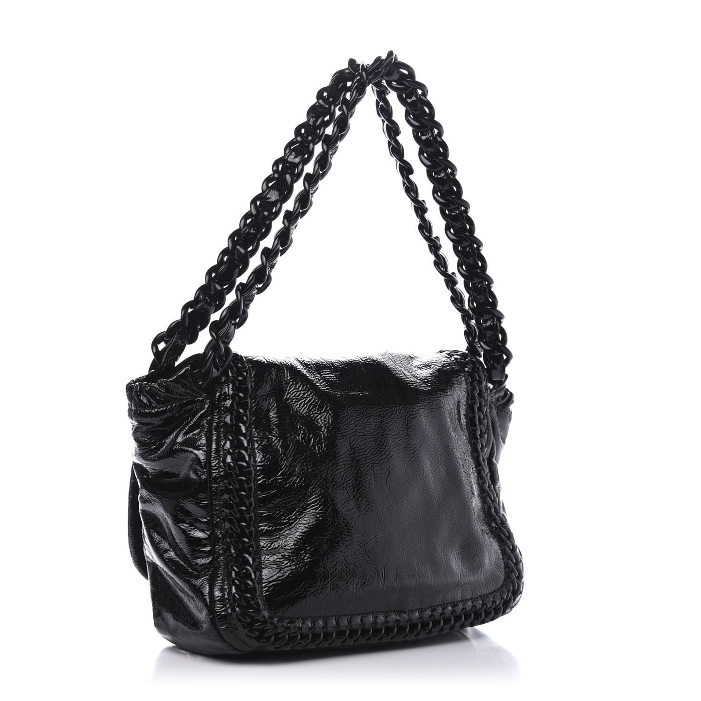 Crinkled Patent Modern Chain Flap Black