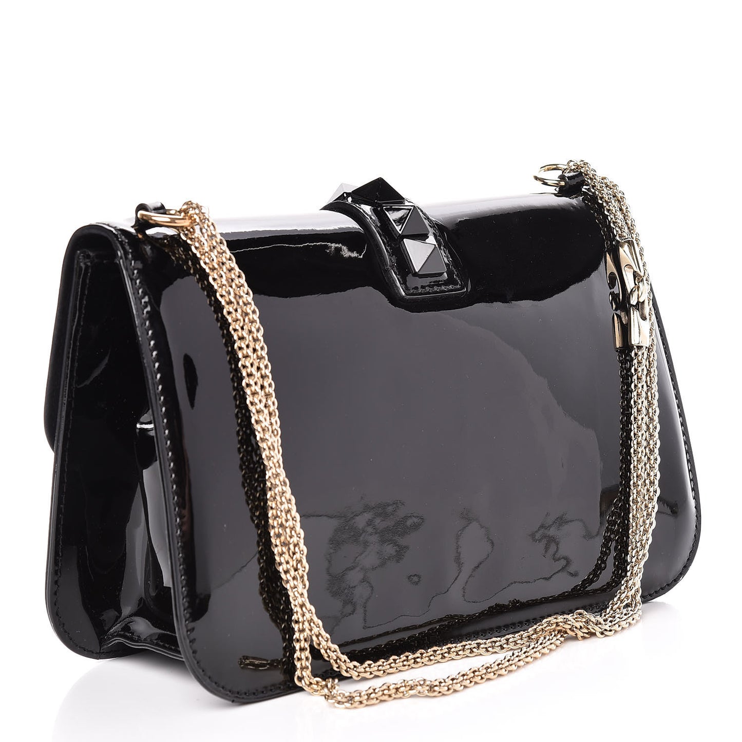 Patent Monochrome Large Glam Lock Rockstud Flap Black