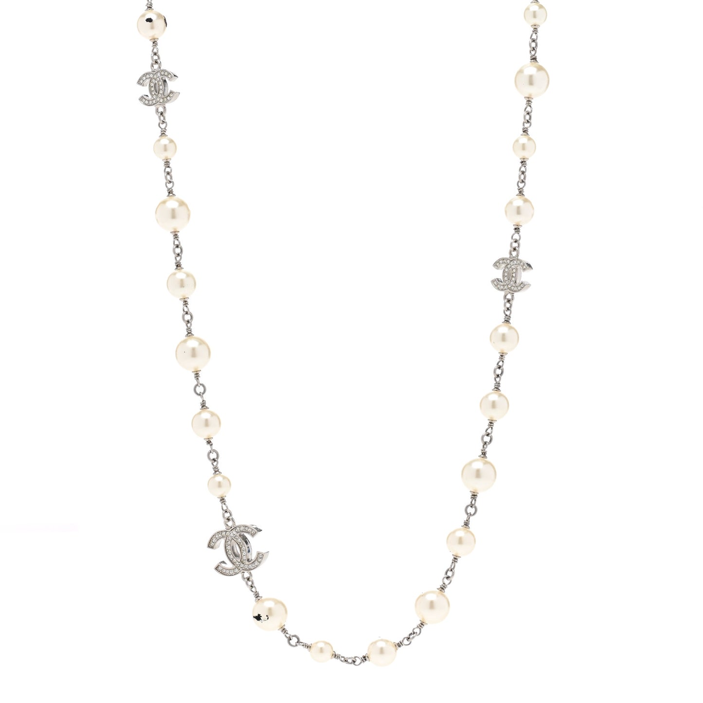 Graduated Pearl Crystal CC Long Necklace Silver