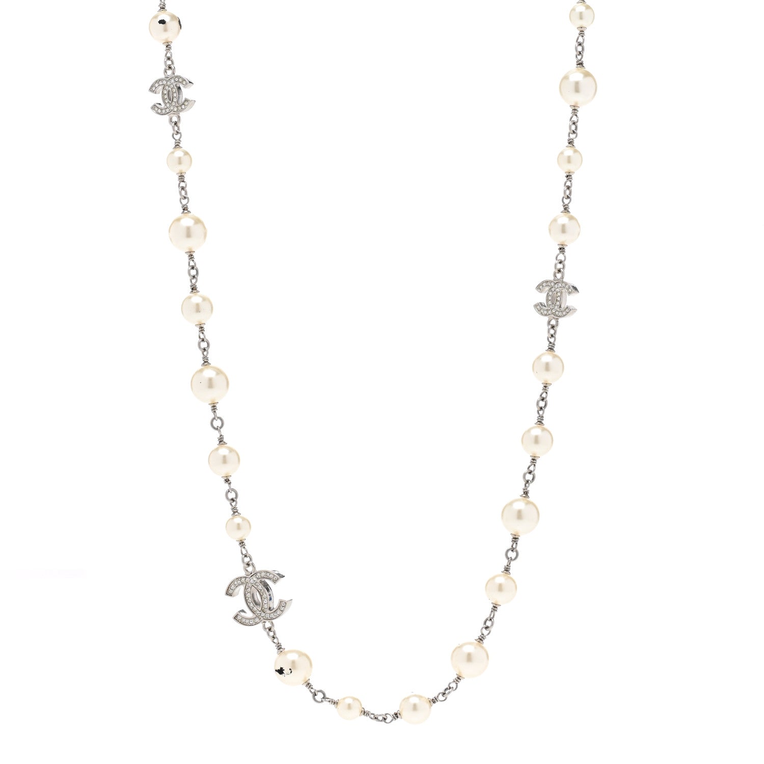 Chanel Graduated Pearl Crystal CC Long Necklace Silver 1 of 6