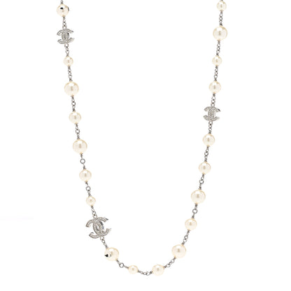 Chanel Graduated Pearl Crystal CC Long Necklace Silver 1 of 6