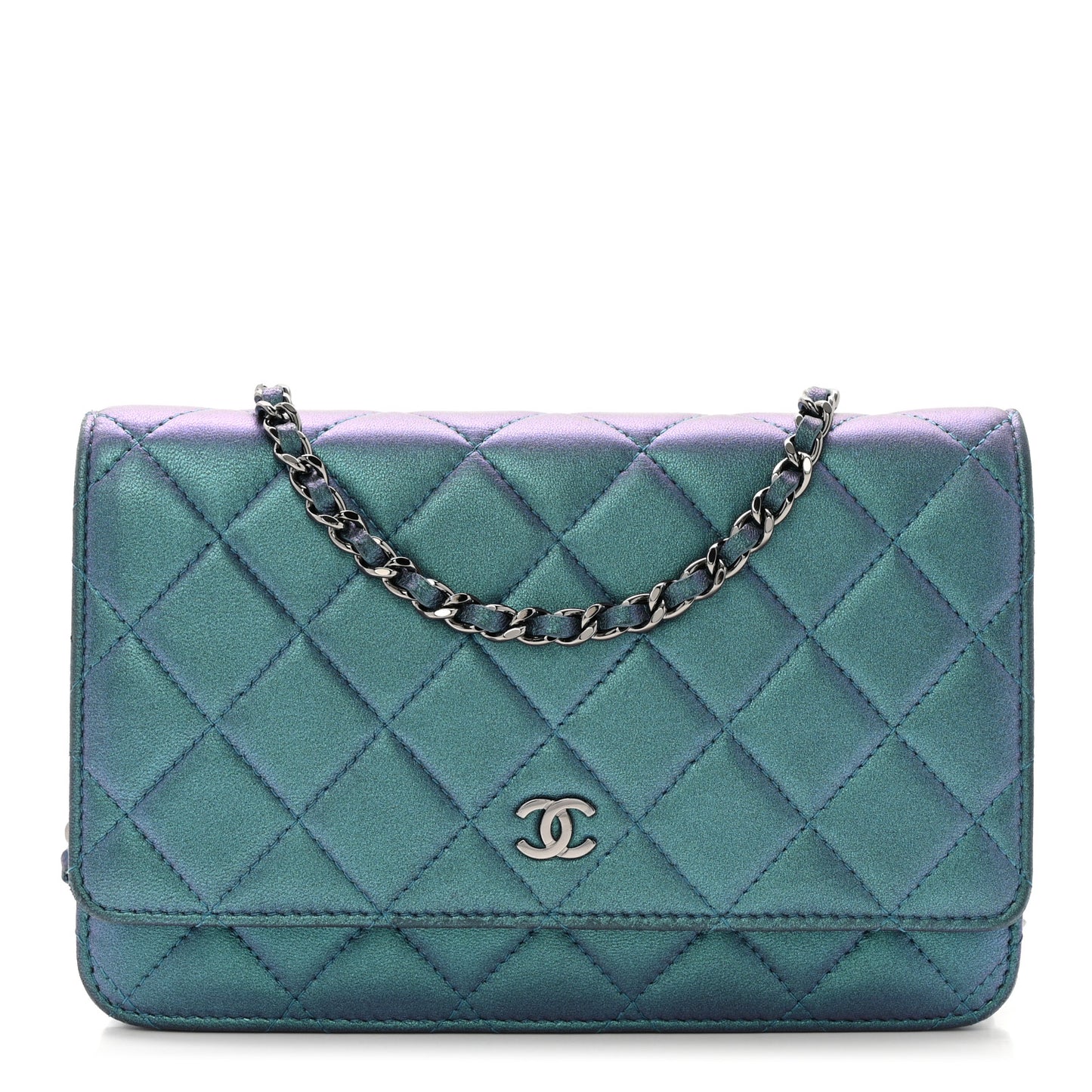 Iridescent Lambskin Quilted Wallet On Chain WOC Turquoise
