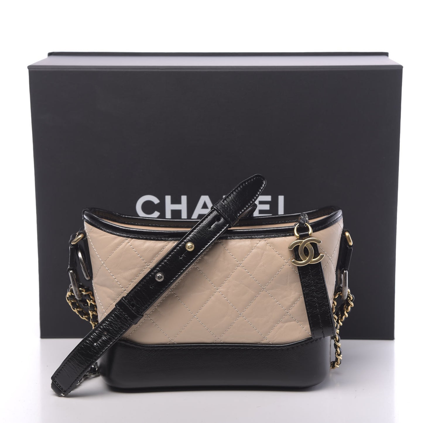 Aged Calfskin Quilted Small Gabrielle Hobo Beige Black