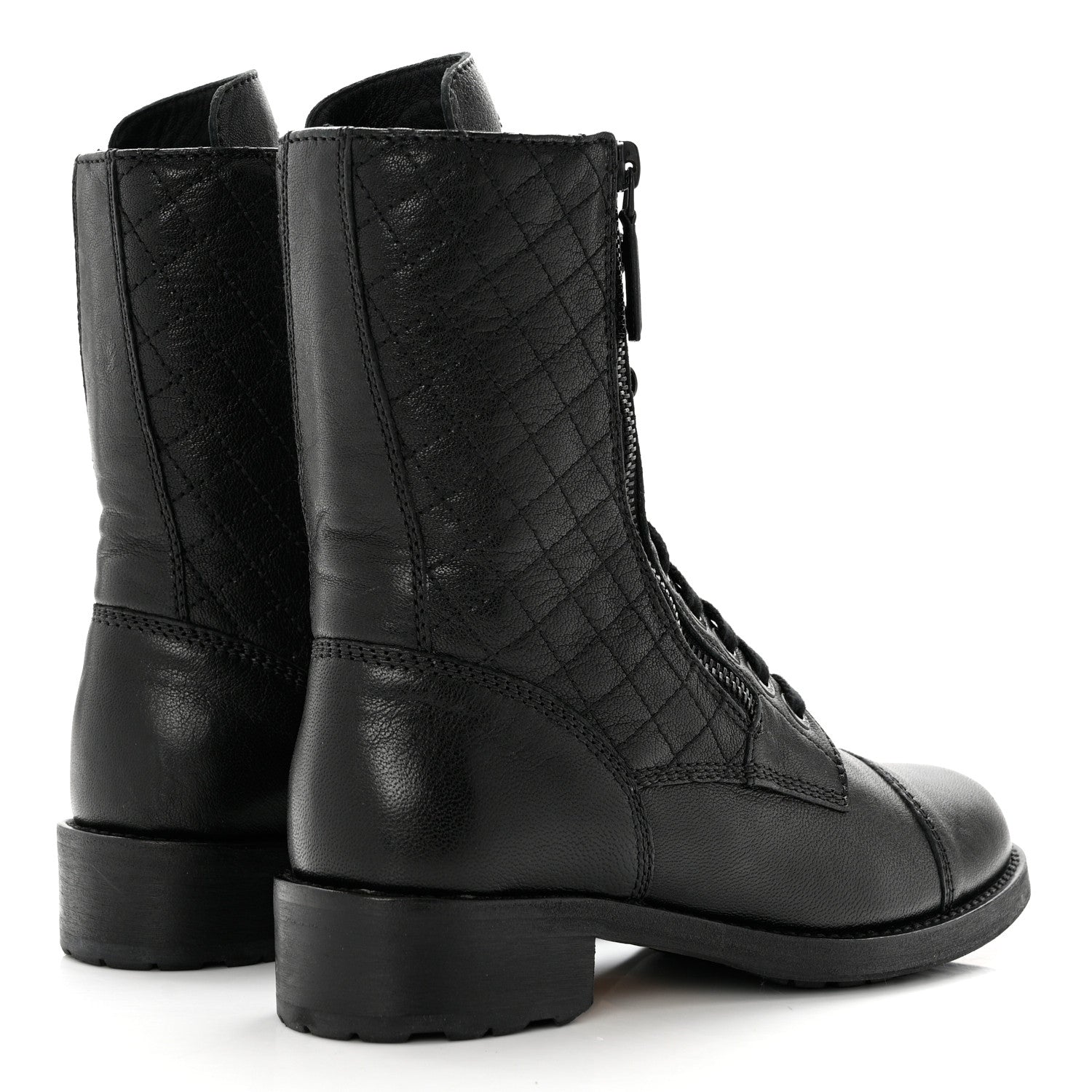 Chanel Sheepskin Quilted CC Tall Lace Up Combat Boots 37.5 Black 4 of 9