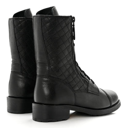 Chanel Sheepskin Quilted CC Tall Lace Up Combat Boots 37.5 Black 4 of 9
