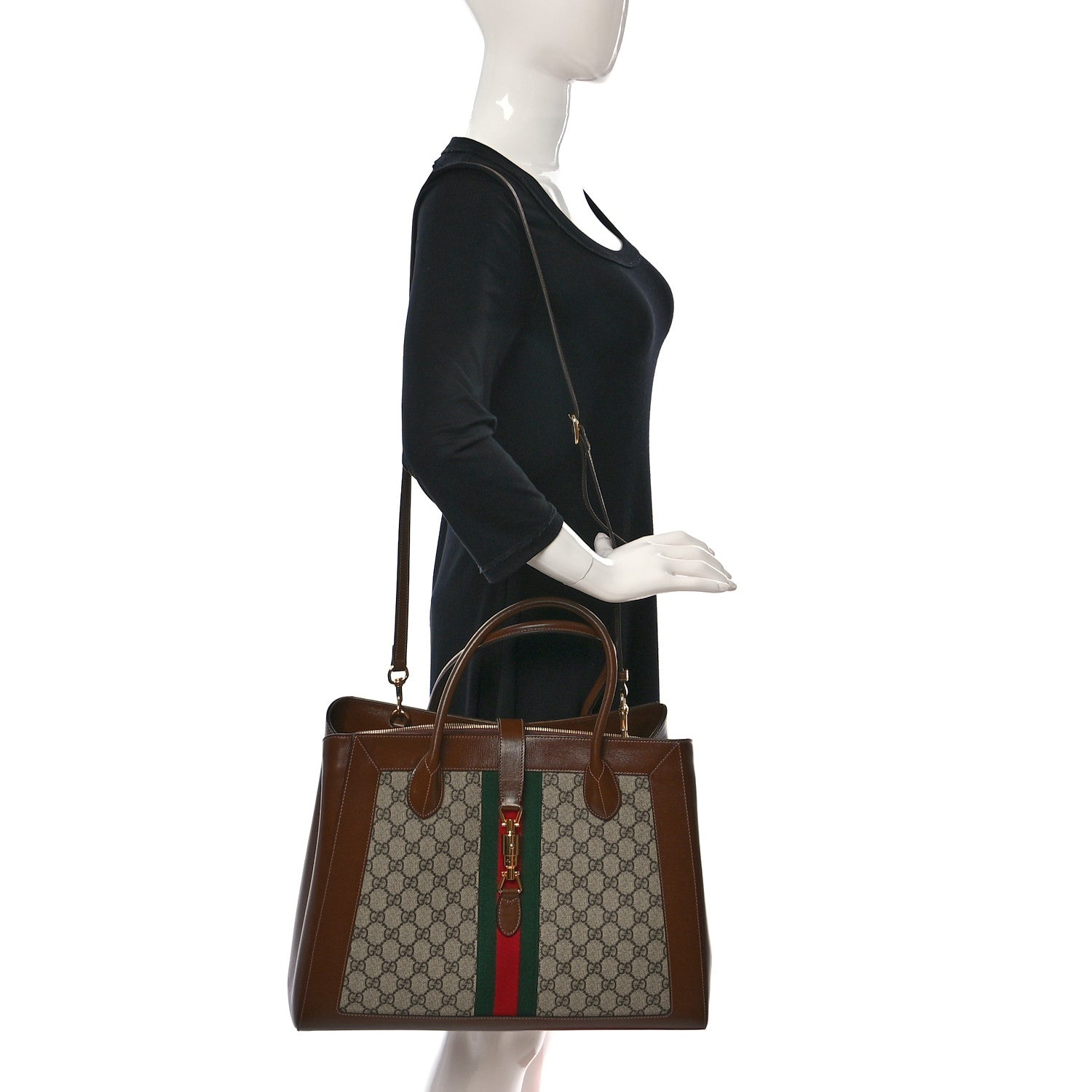 Gucci GG Supreme Monogram Azalea Calfskin Web Large Jackie 1961 Tote Beige Ebony Brown Sugar 2 of 10