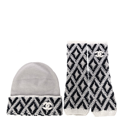 Chanel Cashmere Blend CC Beanie Hat With Gloves Set White Navy Blue 1 of 10