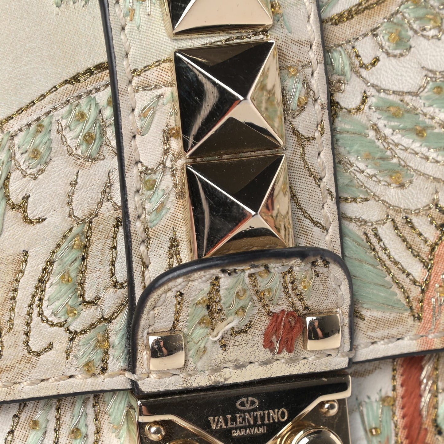 Vitello Japanese Bird Embroidered Small Glam Lock Rockstud Flap Multicolor