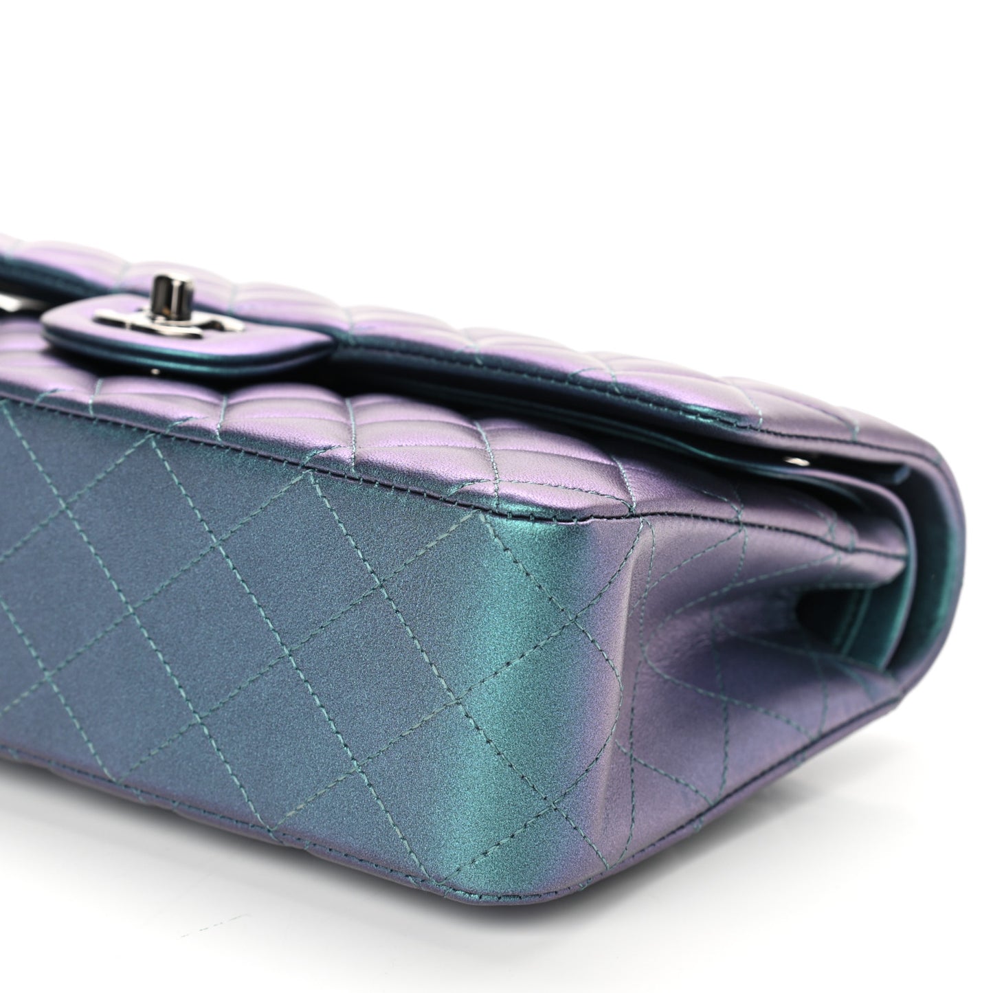 Iridescent Lambskin Quilted Medium Double Flap Turquoise