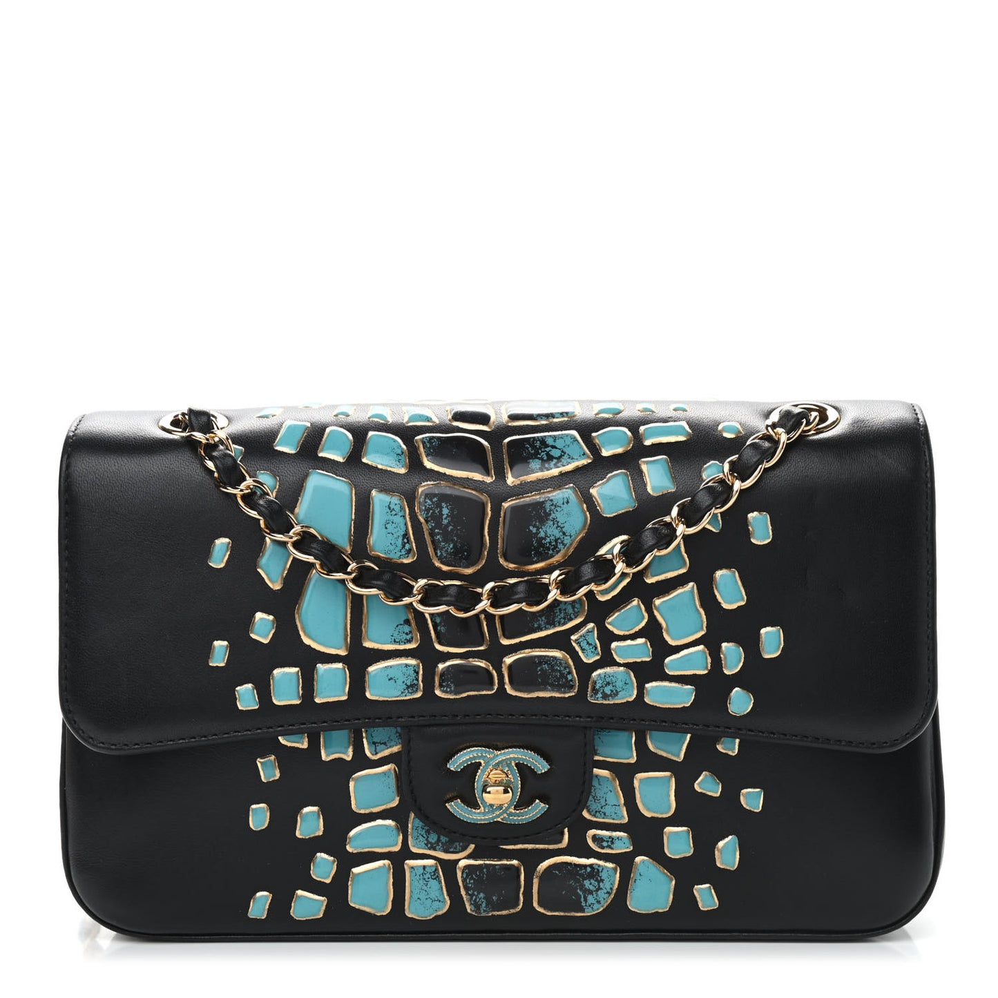 Lambskin Resin Medium Double Flap Black Turquoise
