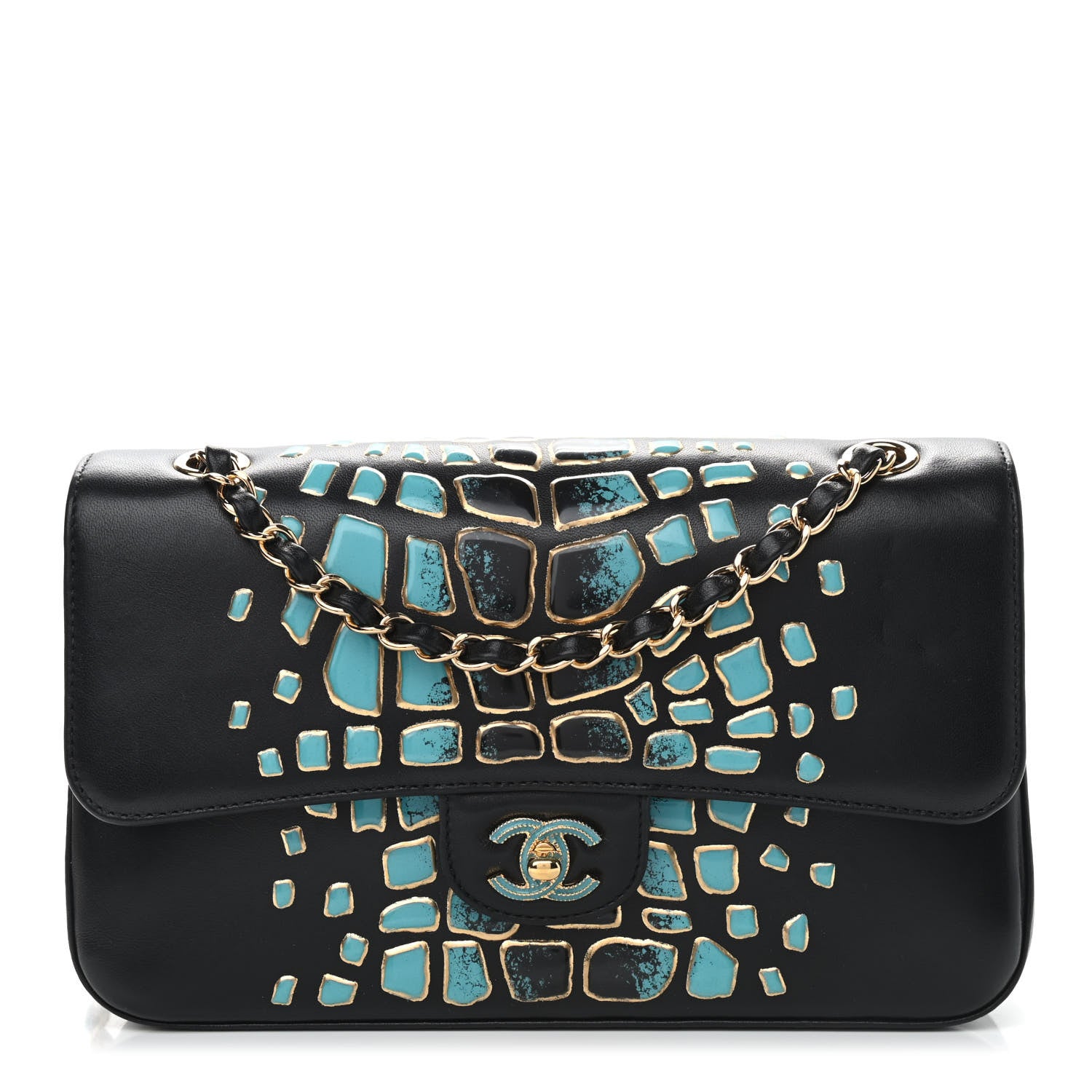 Chanel Lambskin Resin Medium Double Flap Black Turquoise 1 of 13