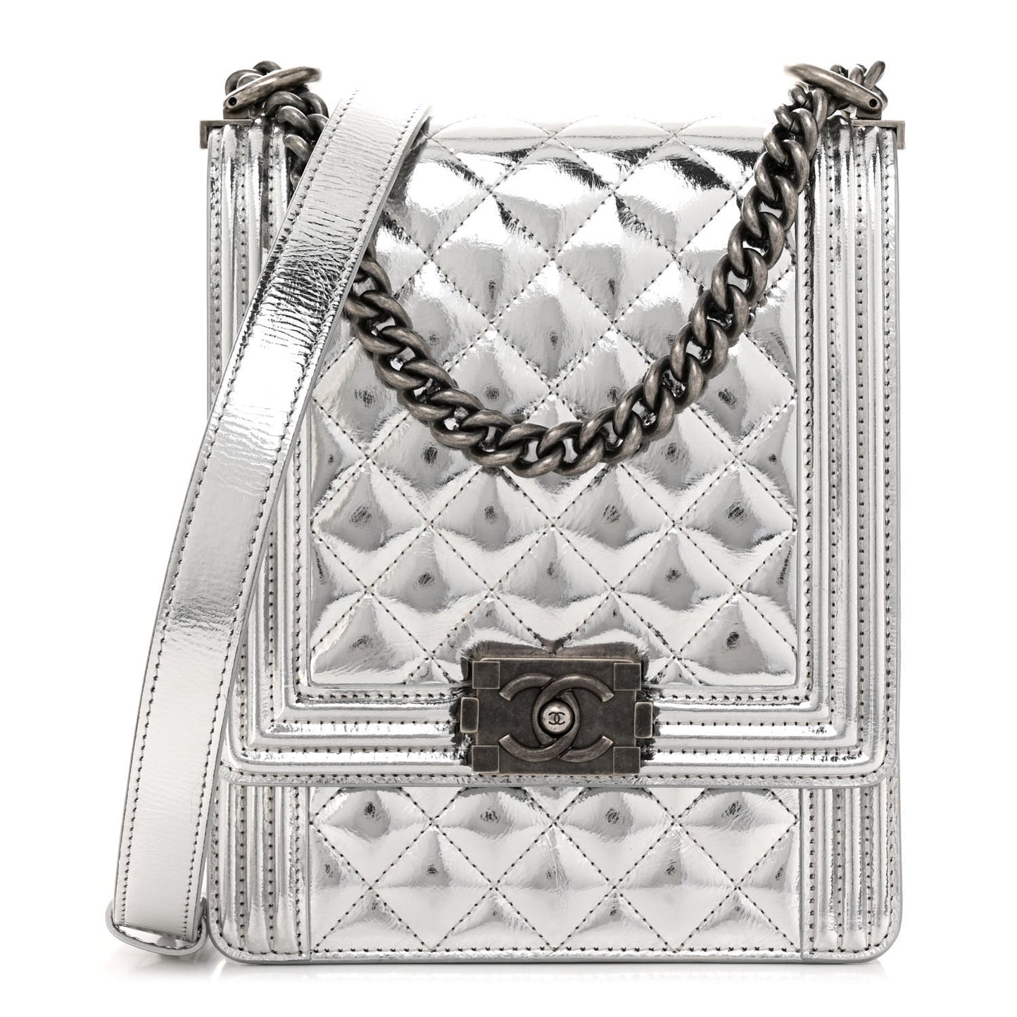 Metallic Goatskin Quilted North South Boy Flap Silver
