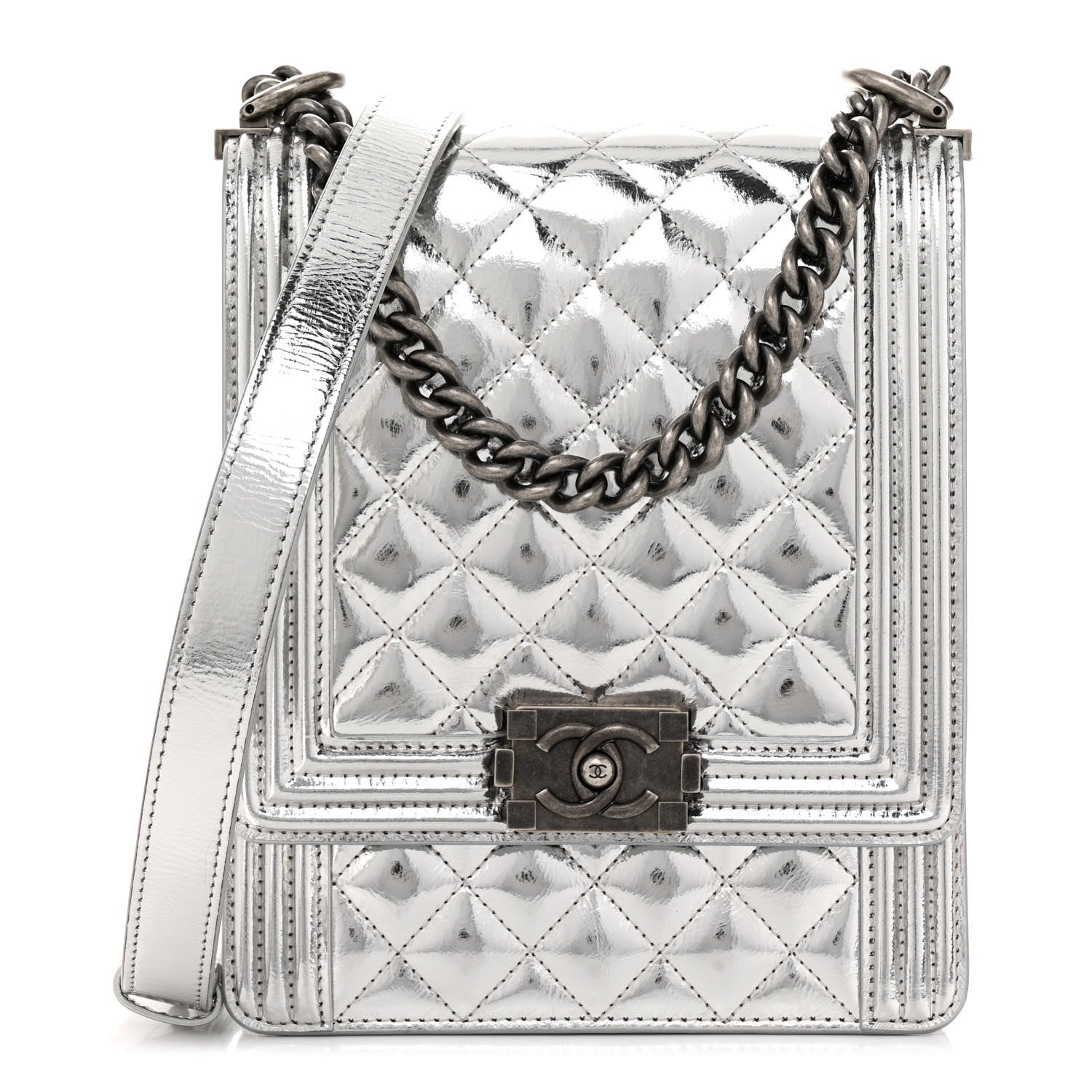 Chanel Metallic Goatskin Quilted North South Boy Flap Silver 1 of 10