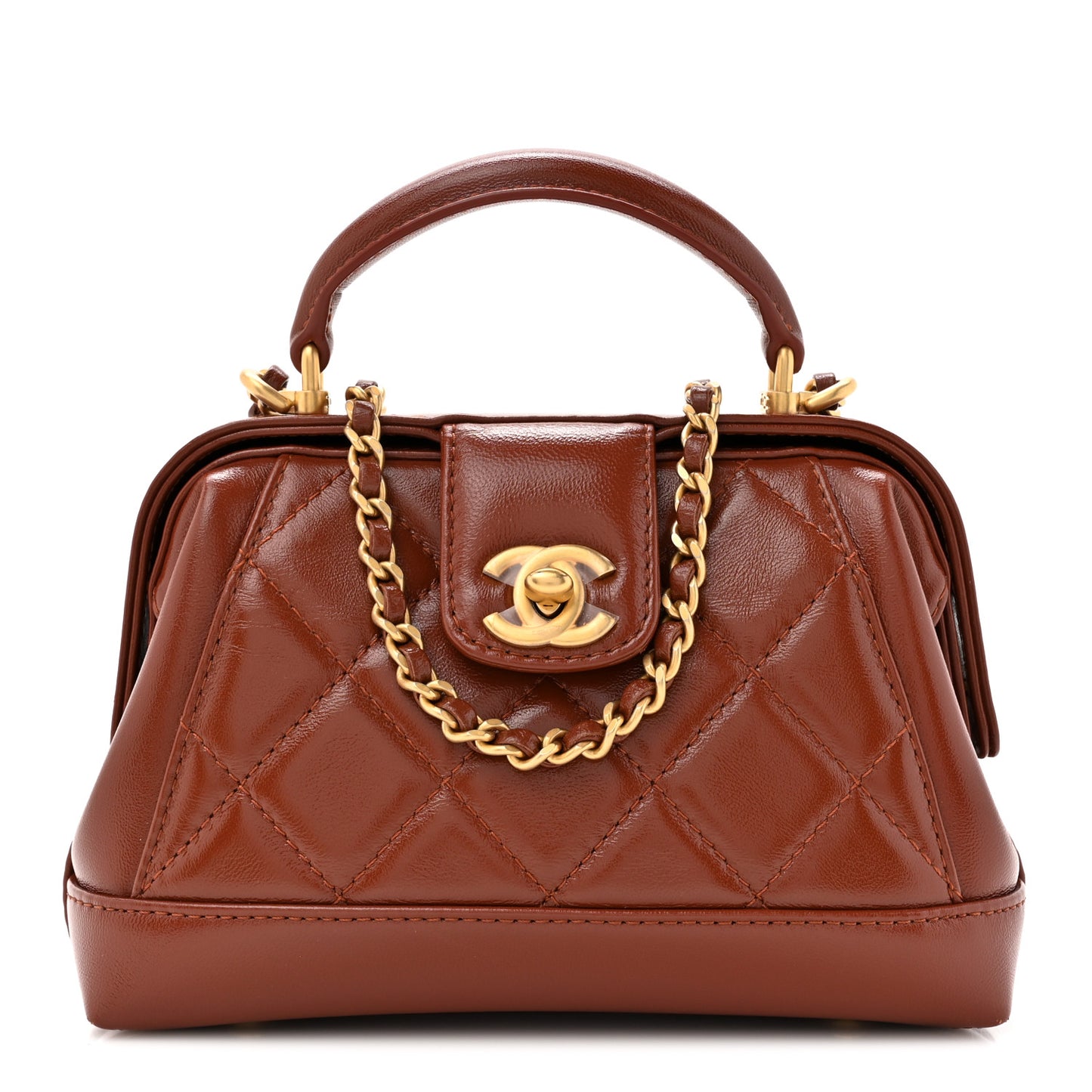 Shiny Lambskin Quilted Mini Cocodoc Top Handle Bag Brown