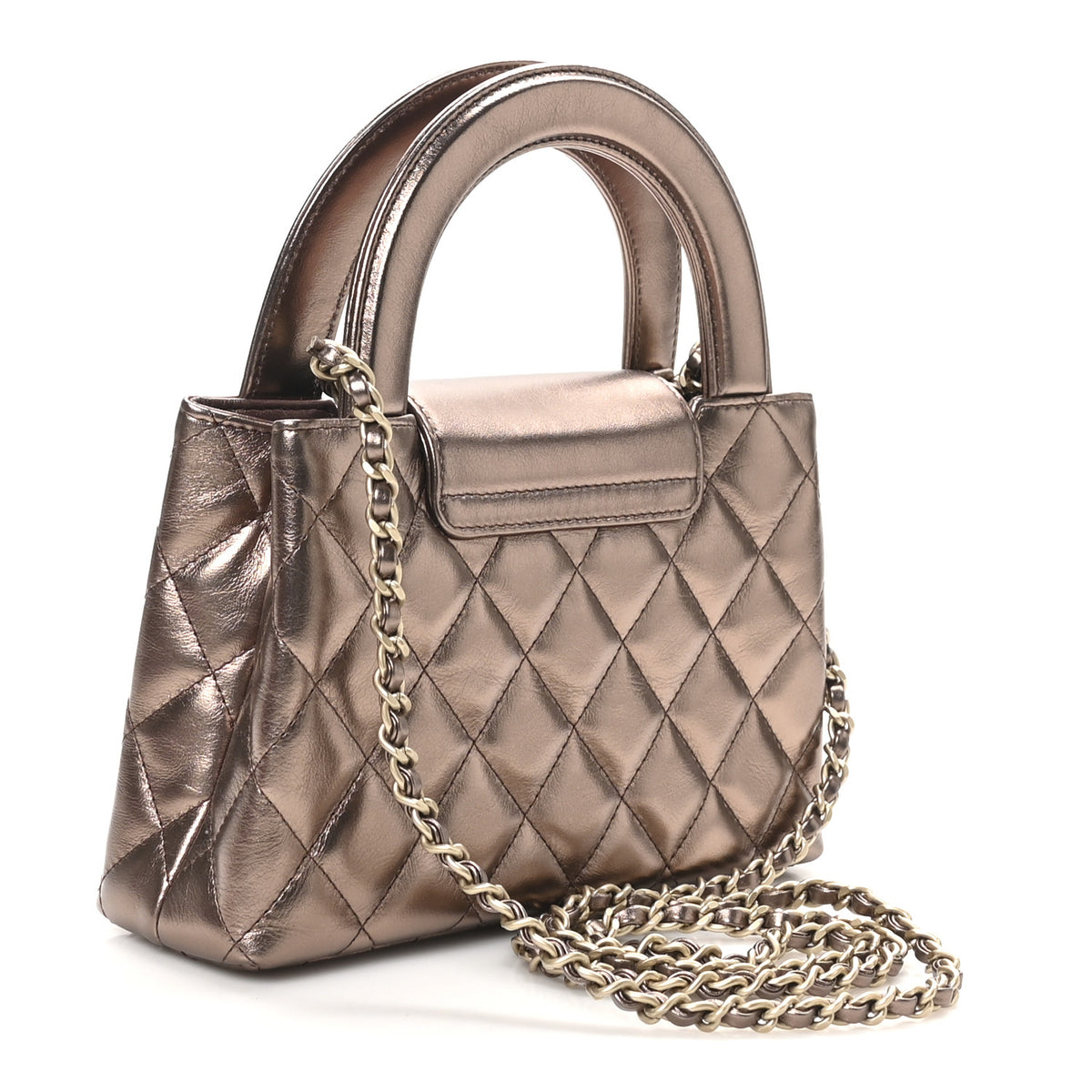 Metallic Aged Calfskin Quilted Nano Kelly Shopper Light Brown