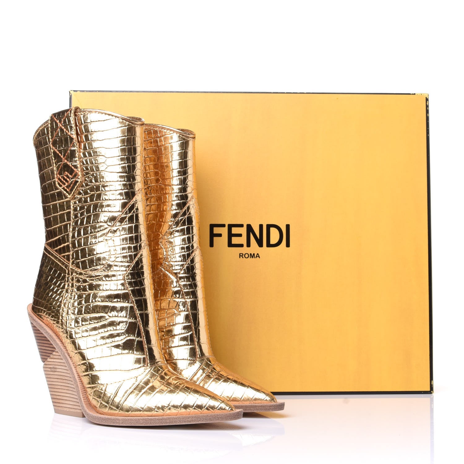 Fendi Metallic Calfskin Crocodile Embossed Cutwalk Ankle Boots 36 Gold 9 of 10