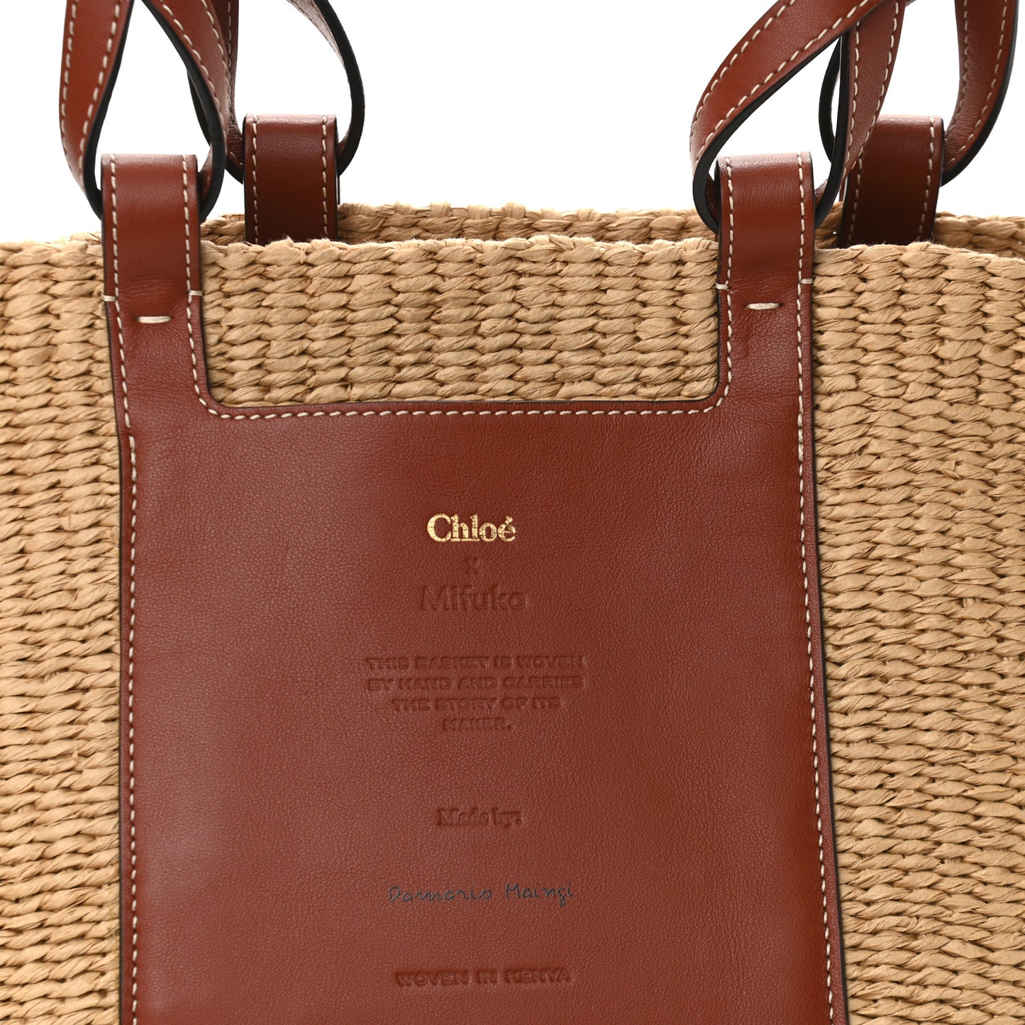 Raffia Calfskin Large Basket Tote Tan