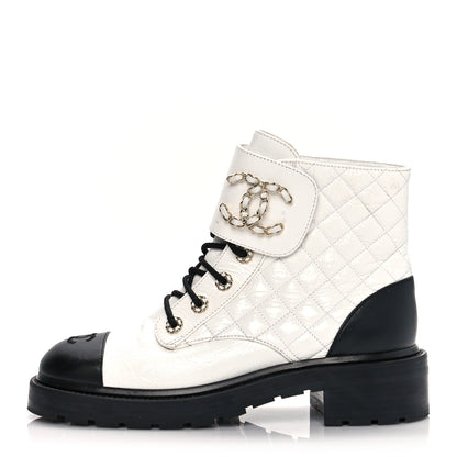 Chanel Shiny Goatskin Calfskin Quilted Lace Up Combat Boots 40.5 White Black 1 of 12