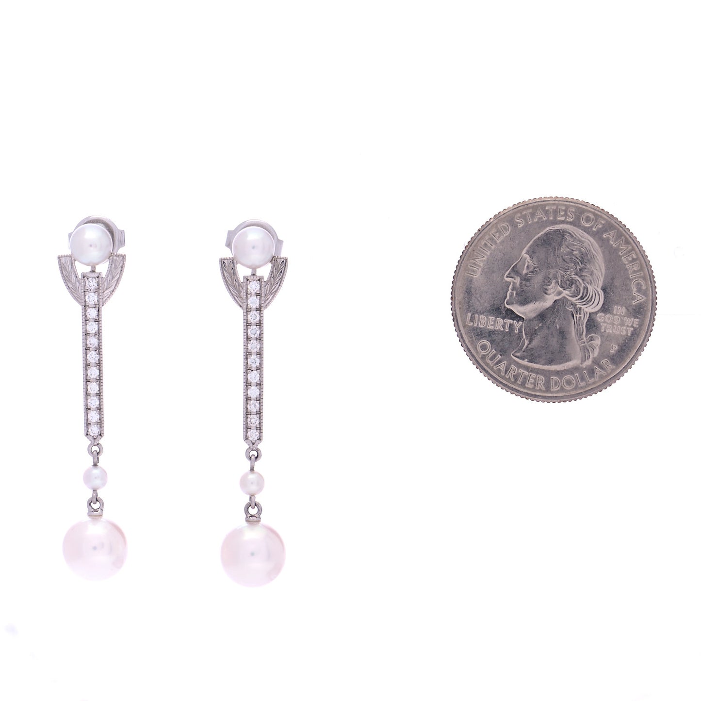 18K White Gold Diamond Akoya Pearl 8mm Deco Drop Earrings