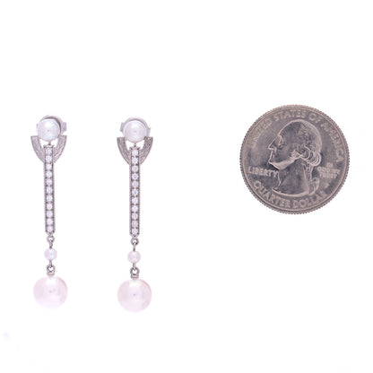 Mikimoto 18K White Gold Diamond Akoya Pearl 8mm Deco Drop Earrings 2 of 5