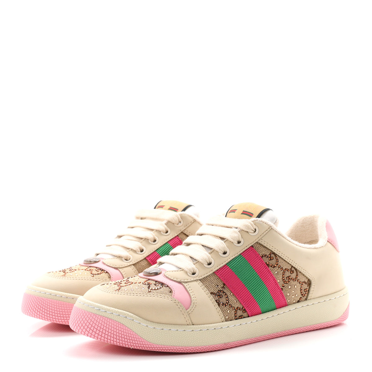 Calfskin GG Supreme Crystals Web Screener Sneakers 37 Beige Ebony Wild Rose
