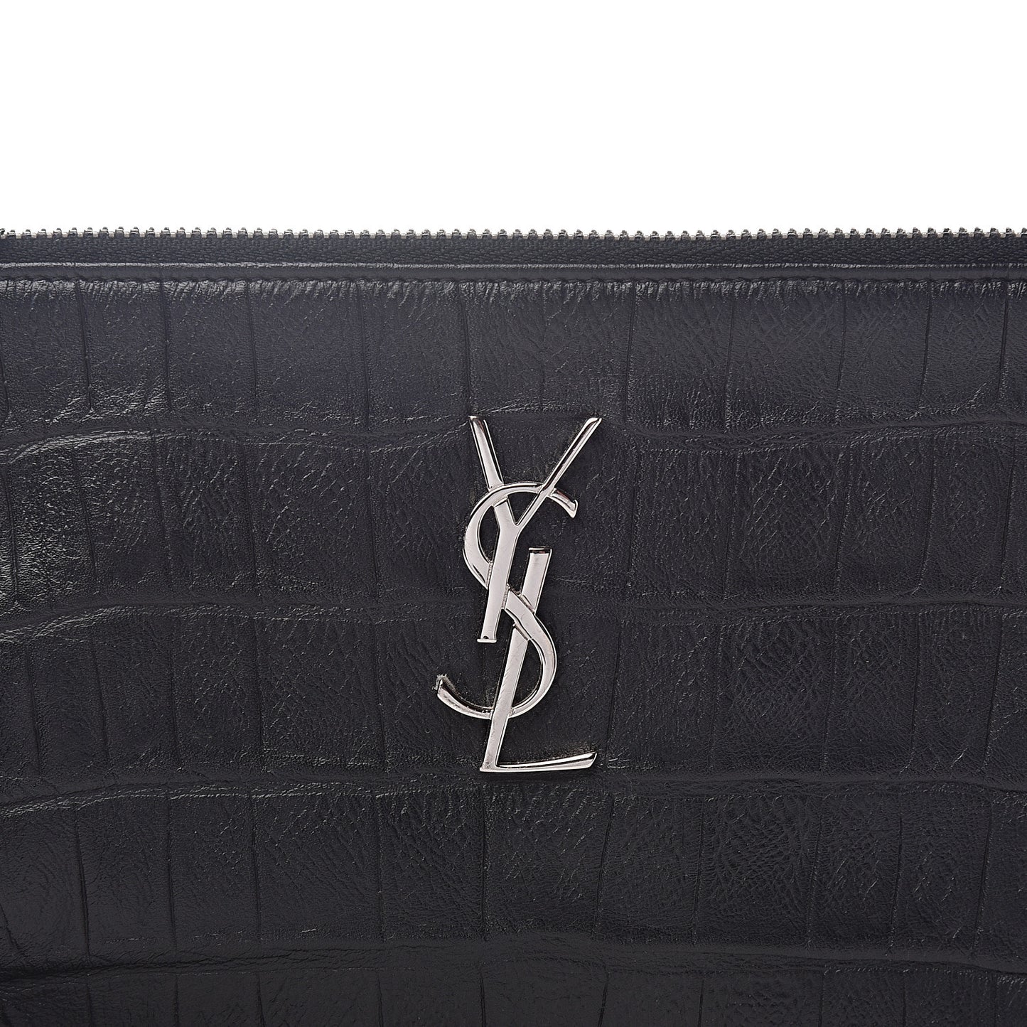 Calfskin Crocodile Embossed Monogram Zip Pouch Black