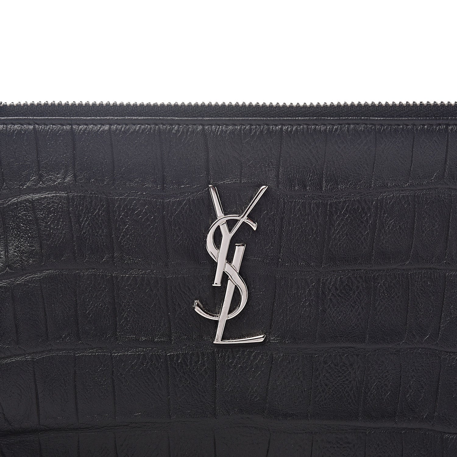 Saint Laurent Calfskin Crocodile Embossed Monogram Zip Pouch Black 7 of 7