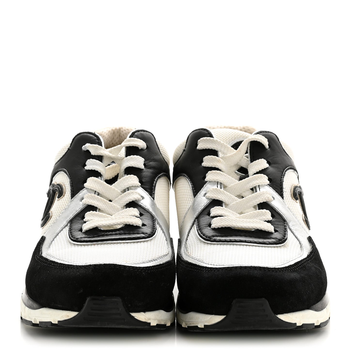 Mesh Suede Calfskin Grained Calfskin Womens CC Sneakers 38 Black White Silver
