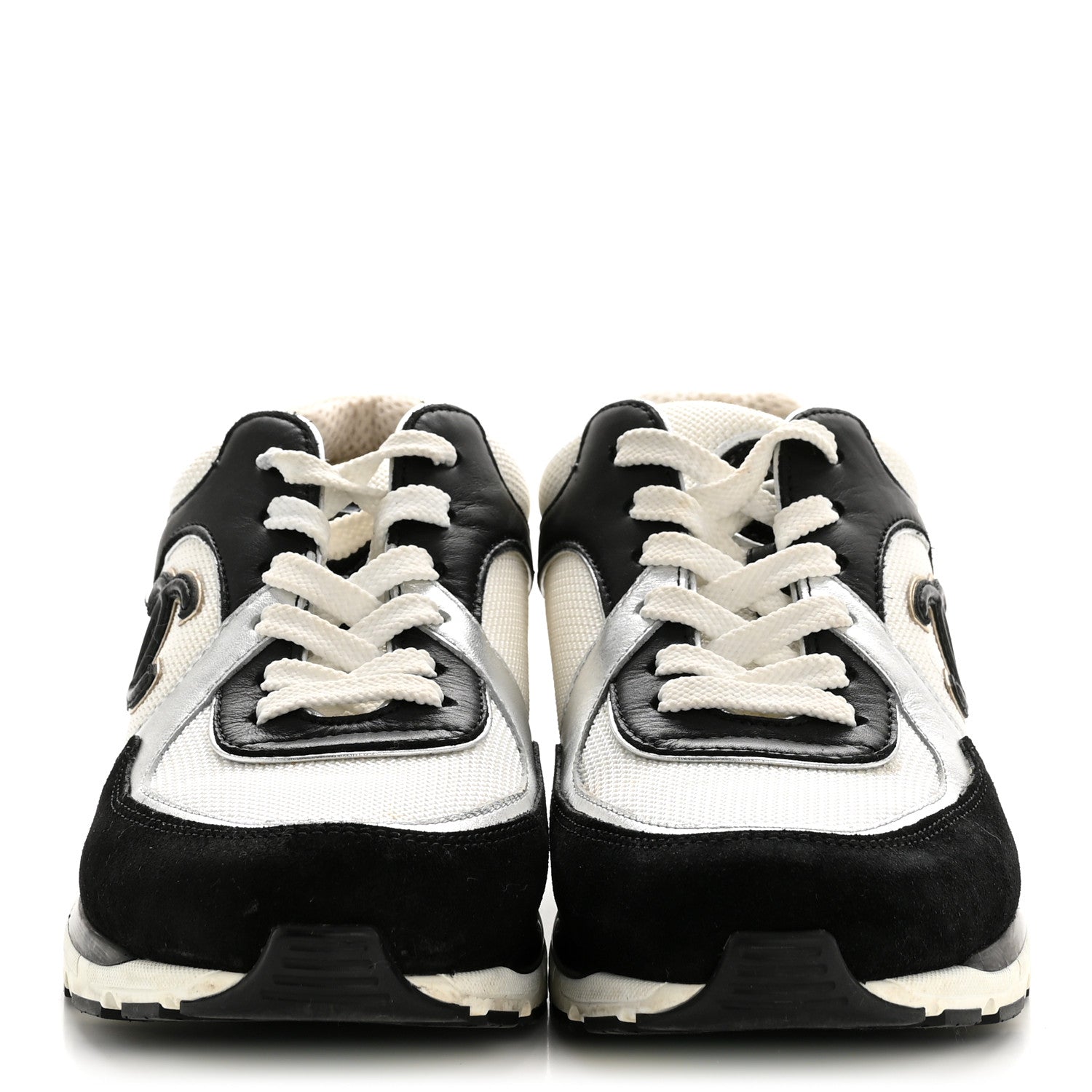 Chanel Mesh Suede Calfskin Grained Calfskin Womens CC Sneakers 38 Black White Silver 3 of 12