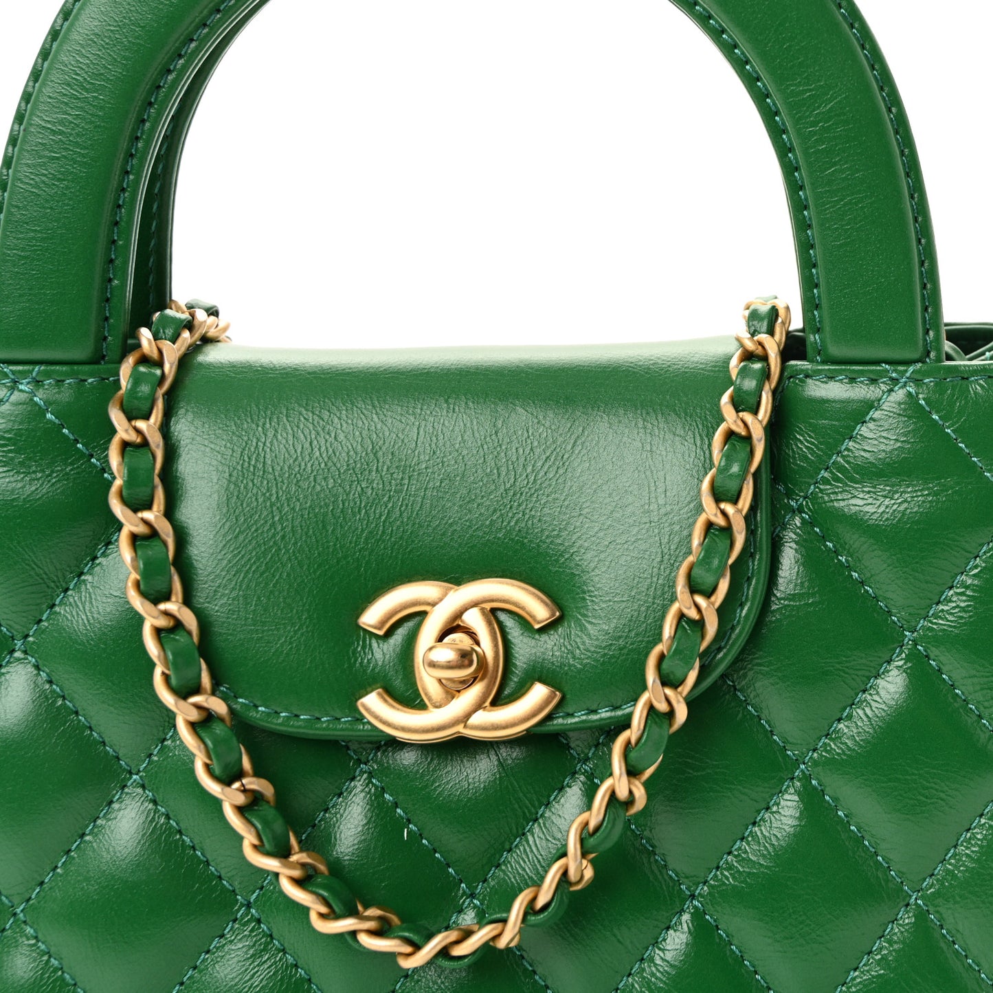 Shiny Aged Calfskin Quilted Nano Kelly Shopper Green