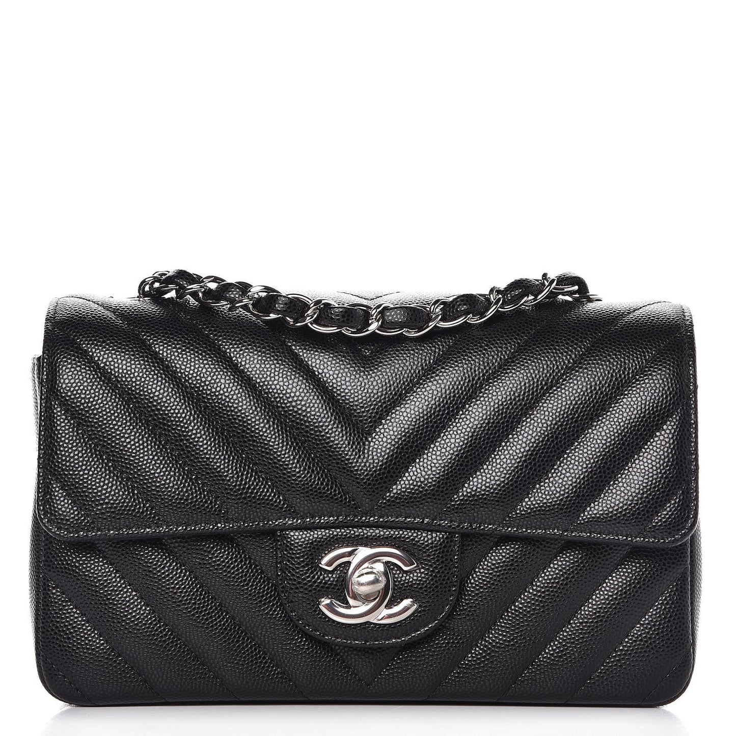 Caviar Chevron Quilted Mini Rectangular Flap Black