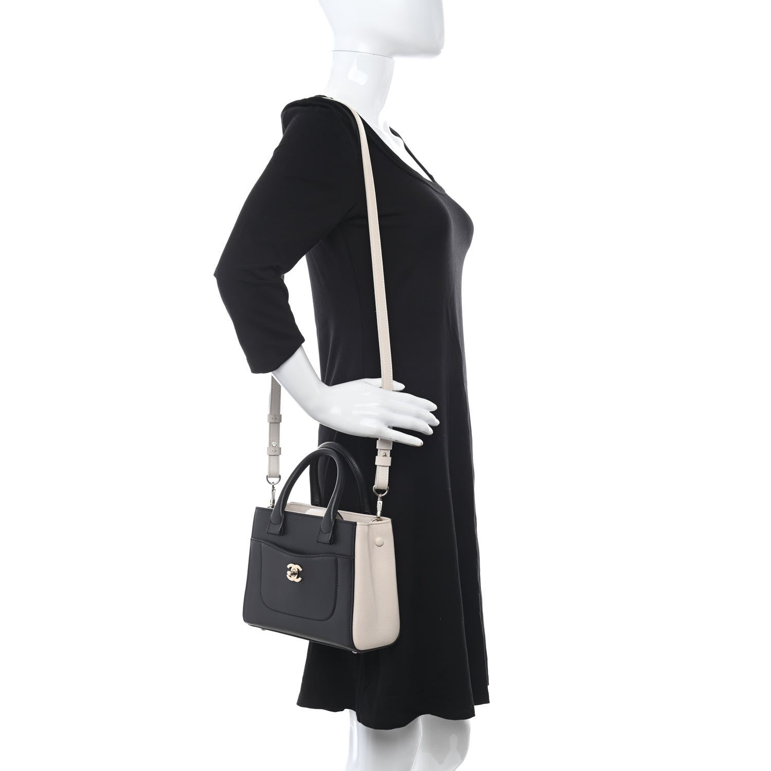 Chanel Grained Calfskin Mini Bi-Color Neo Executive Shopper Tote Black Beige 2 of 9