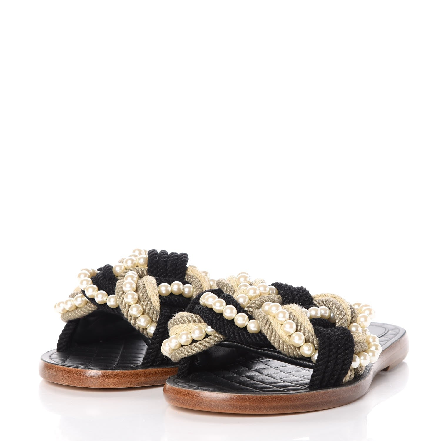 Chanel Lambskin Pearl Cord CC Mules 37 Black Beige 3 of 8