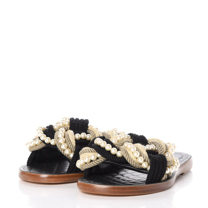 Chanel Lambskin Pearl Cord CC Mules 37 Black Beige 3 of 8